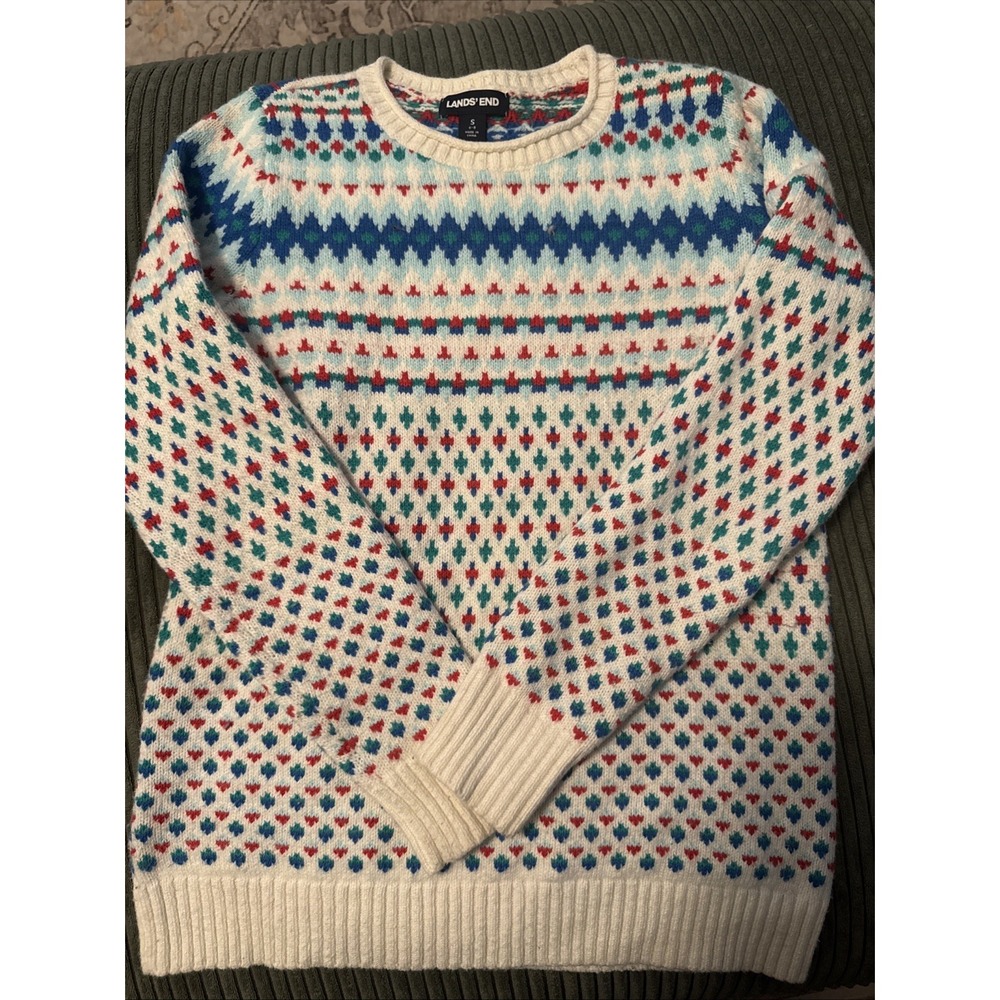 Lands End Womens Sweater S Red Green RollNeck Wool Nordic Fair Isle Cozy Holiday